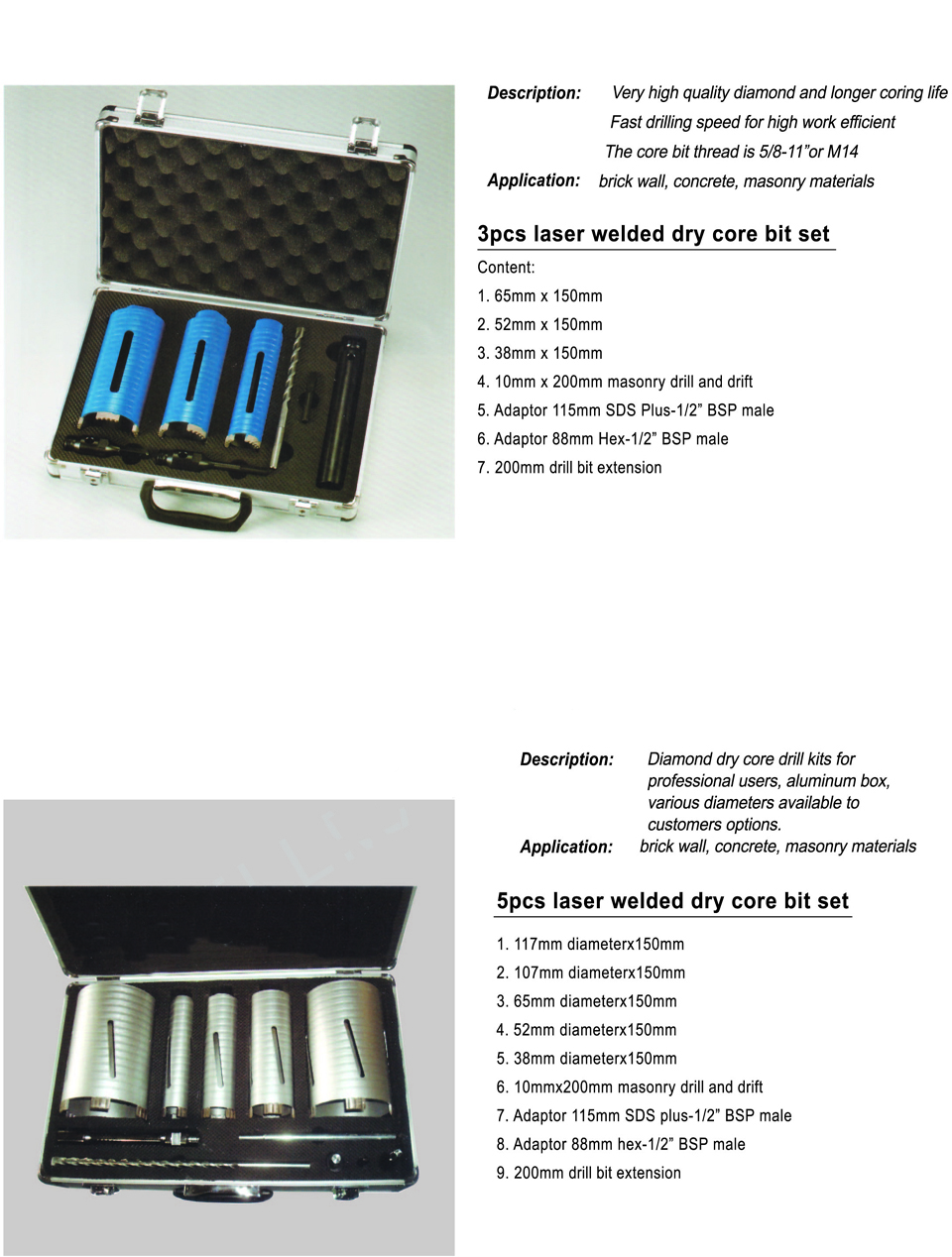 Dry diamond core bit set